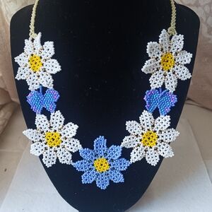 Floral Beaded Necklace - White, Yellow, Blue